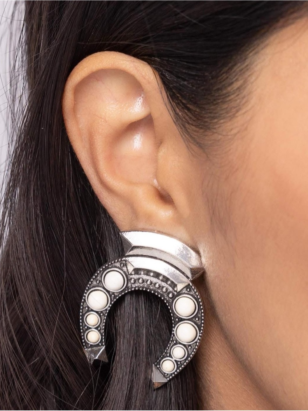 paparazzi CLIP-ON Silver Crescent Hoop Earrings with White Accents